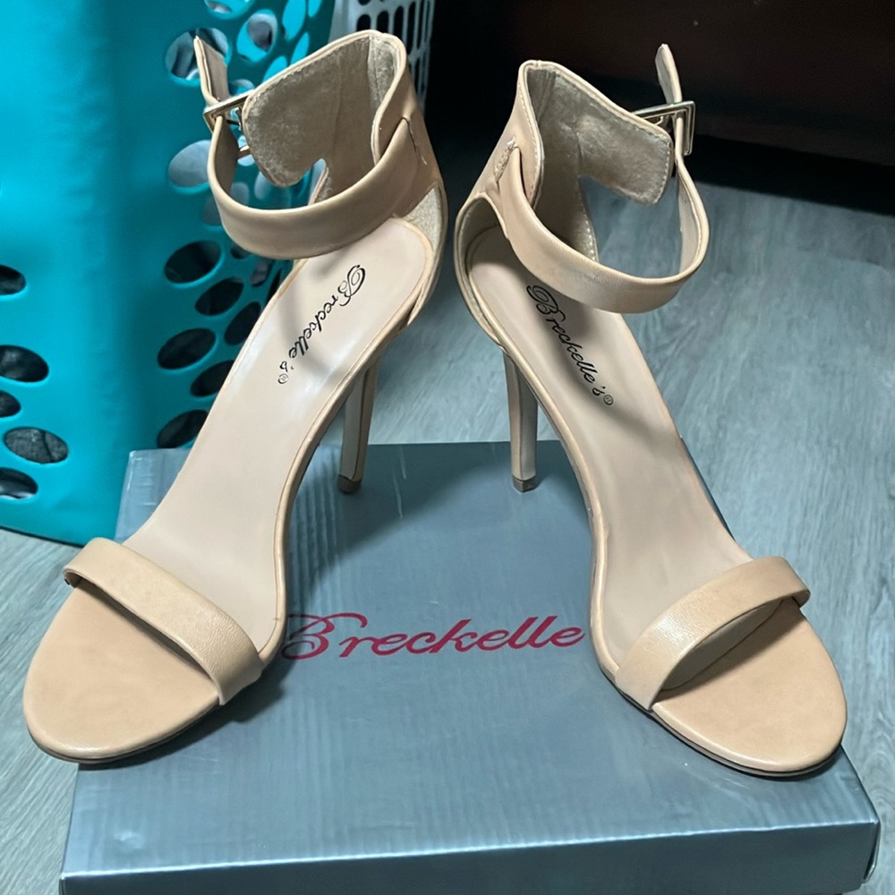 Breckelles Tan Heels with Sleek Stiletto and Ankle Strap